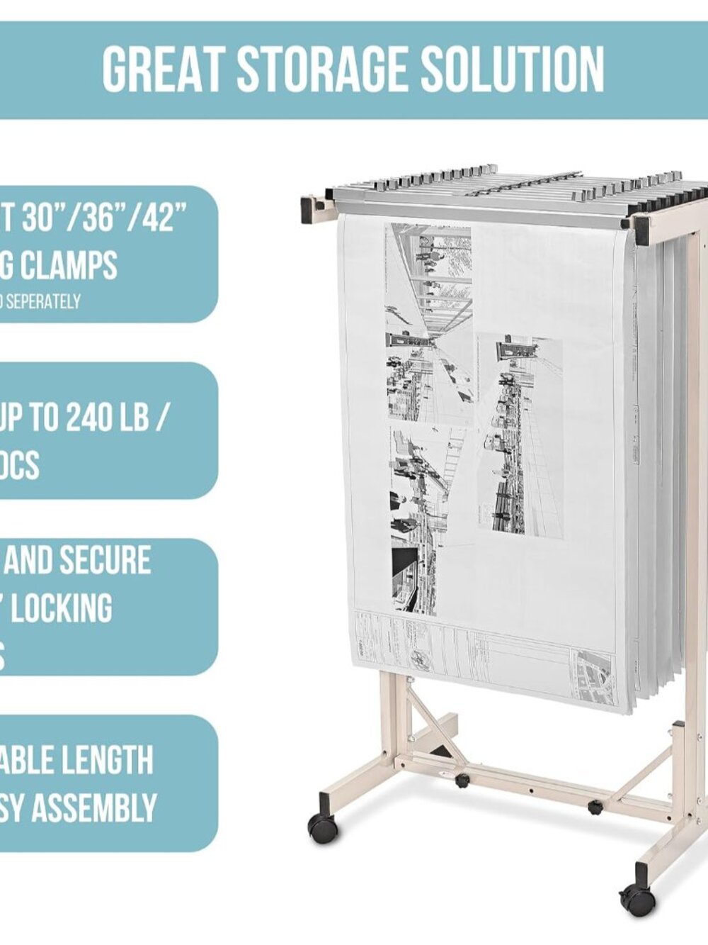 Adir Mobile Blueprint Storage Rack - Adjustable Mobile Blueprint Holder, Vertica - Picture 4 of 9